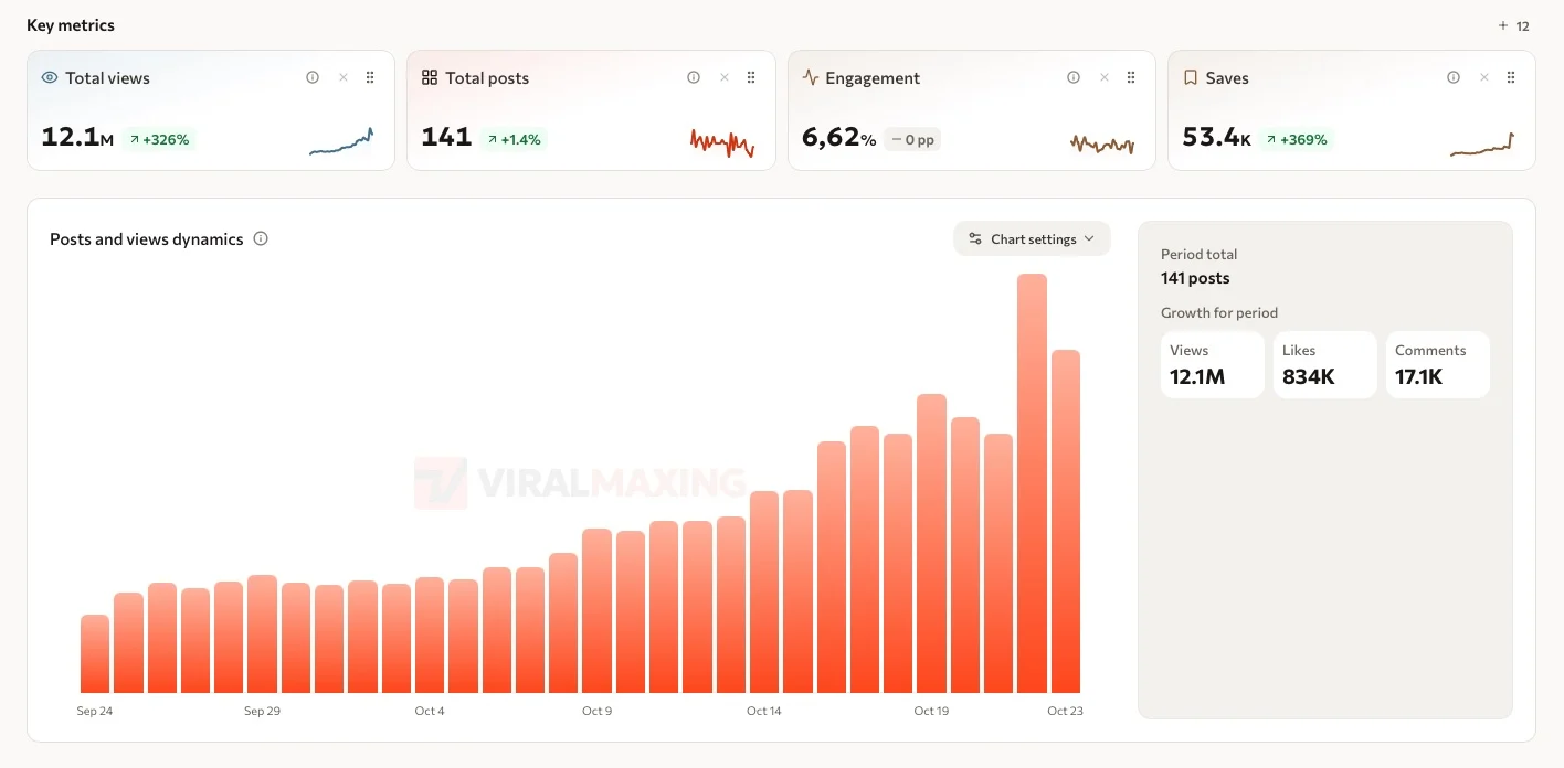 Viralmaxing analytics: views, posts, engagement, saves and performance over a month
