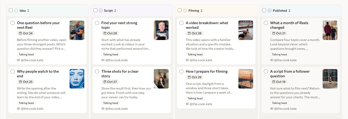 Viralmaxing board: materials moving from idea through script and filming to published videos